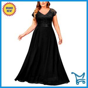 Floral Lace Maxi Dress Elegant V Neck Cap Sleeve Formal Evening Wear Plus Size